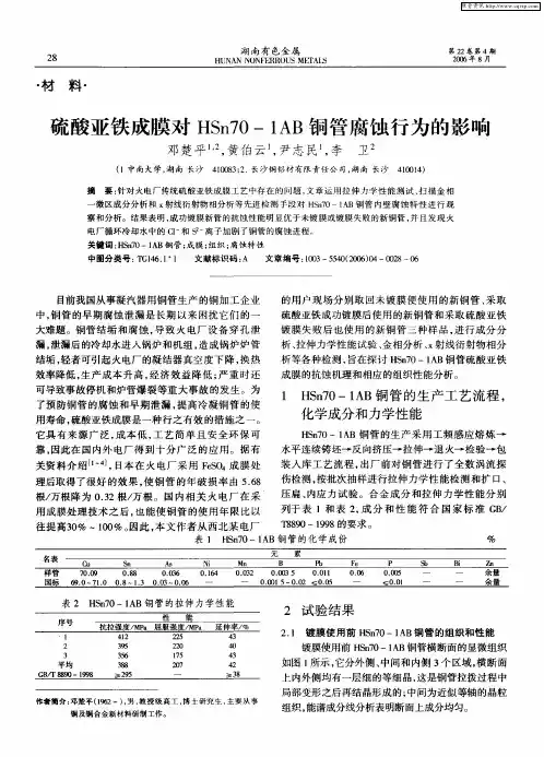硫酸亚铁成膜对HSn70-1AB铜管腐蚀行为的影响