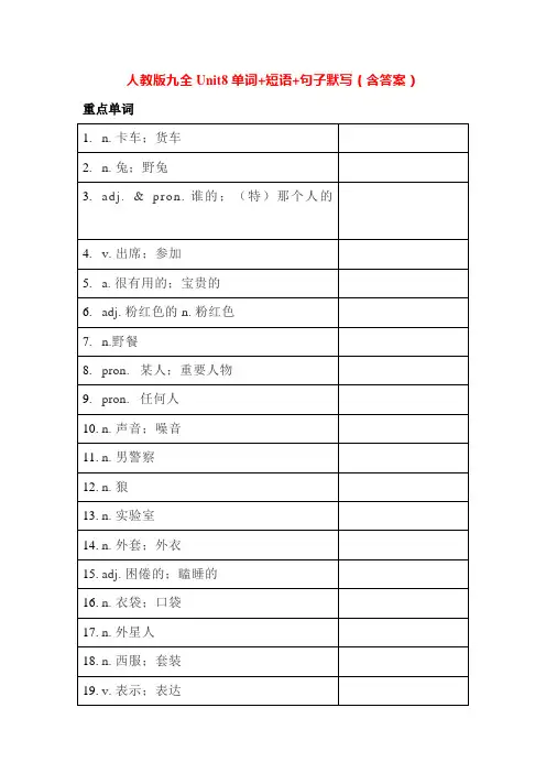 人教版九全Unit8单词+短语+句子默写(含答案)