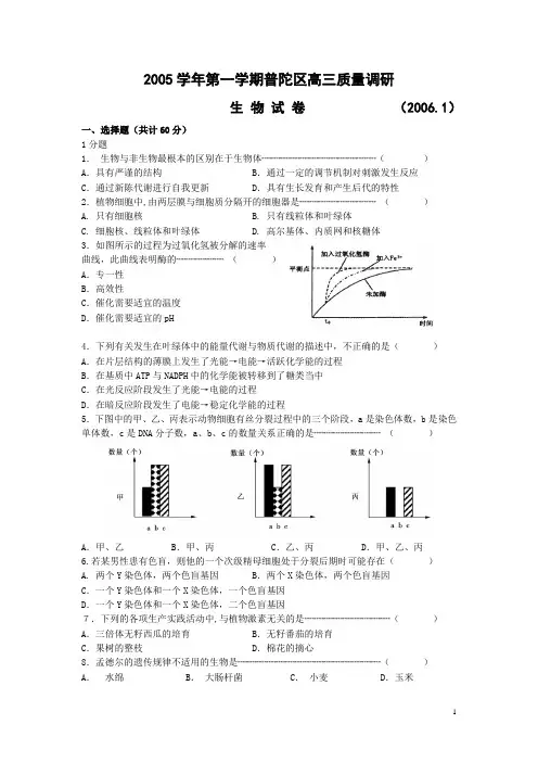 2005学年第一学期普陀区高三质量调研生物试卷