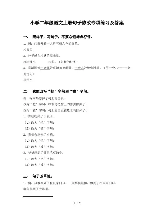 小学二年级语文上册句子修改专项练习及答案
