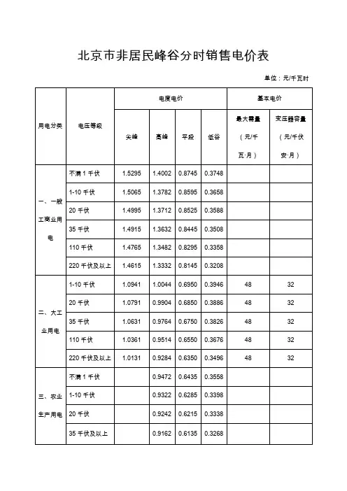 北京非居民电价表