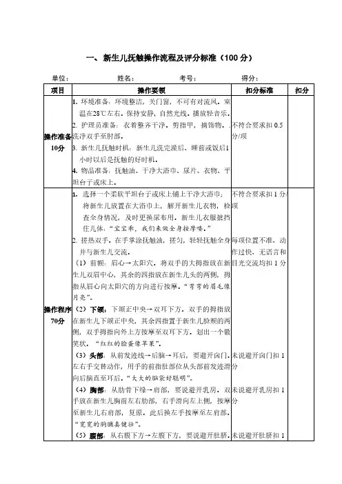 一、新生儿抚触操作流程及评分标准(100分)