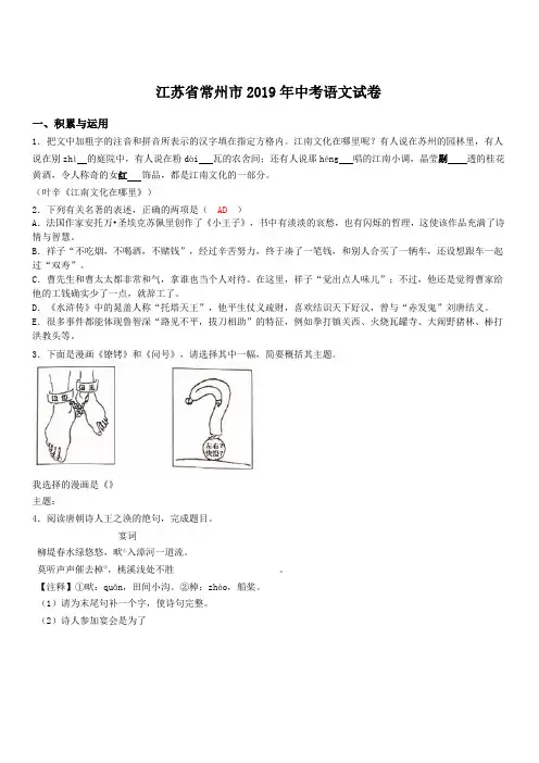 2019年江苏省常州市中考语文试题(含答案)