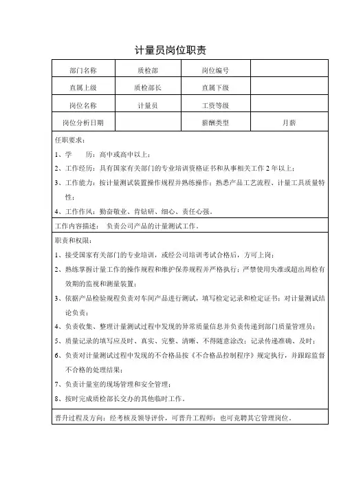 中小企业计量员岗位职责