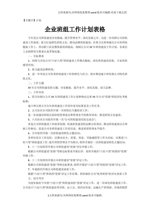 【计划】企业班组工作计划表格