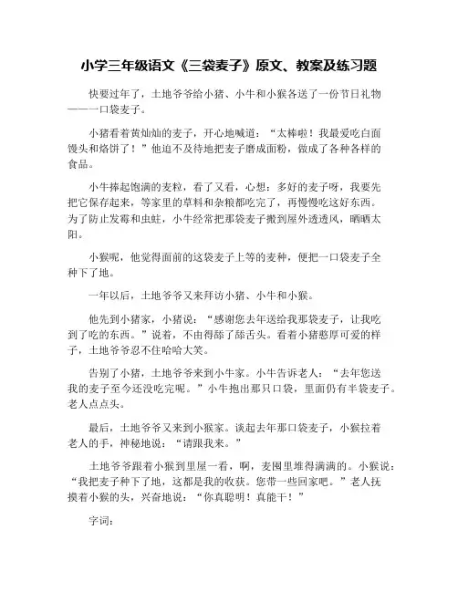 小学三年级语文《三袋麦子》原文、教案及练习题