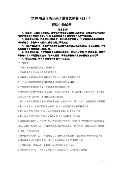 2019届全国高三尖子生辅优试卷(四十)理综生物试卷