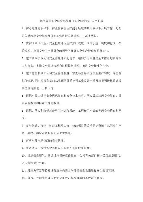 燃气公司安全监察部经理(安全监察部)安全职责
