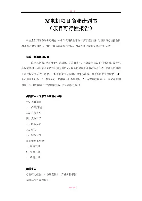 发电机项目商业计划书
