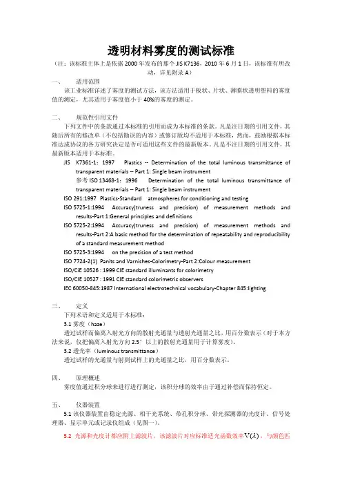 透明材料雾度的测试标准