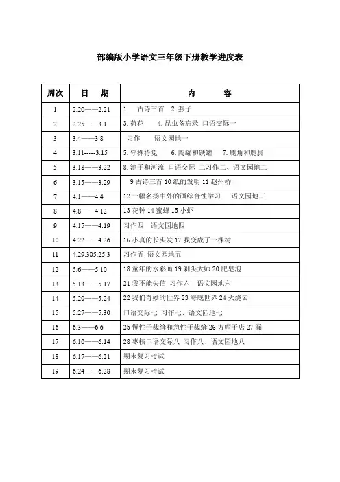 部编版小学语文三年级下册教学进度表