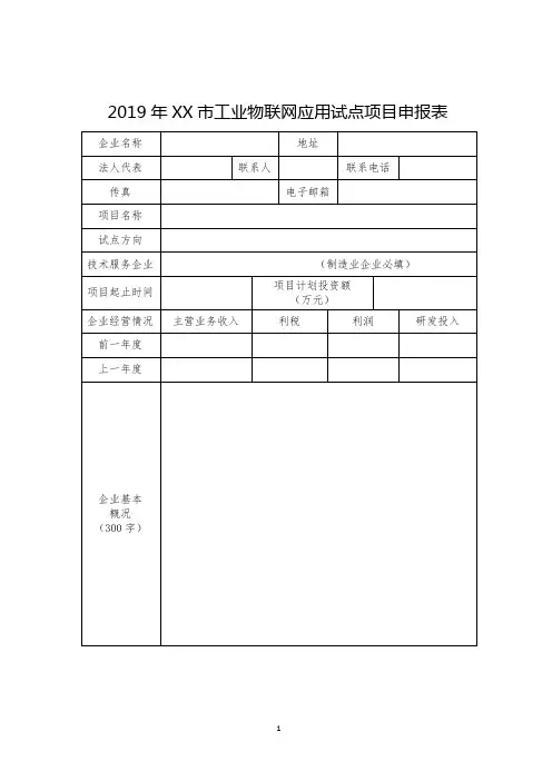2019年XX市工业物联网应用试点项目申报表【模板】