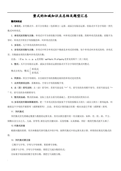 整式的加减知识点总结及题型汇总 (1)(word文档物超所值)