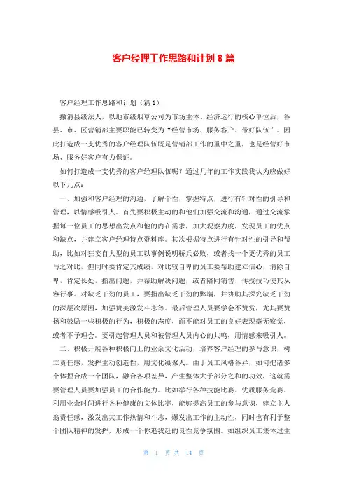 客户经理工作思路和计划8篇
