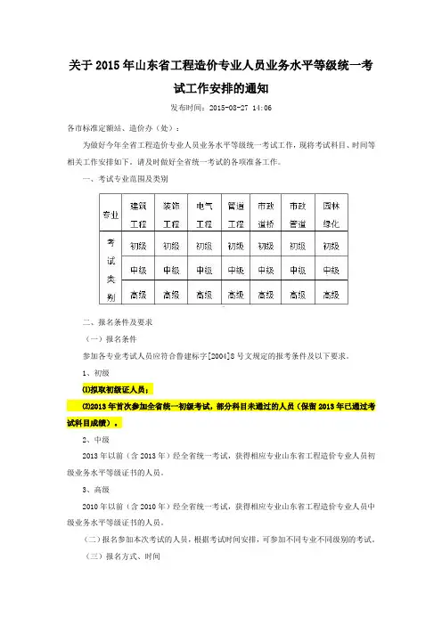 关于2015年山东省工程造价专业人员业务水平等级统一考试工作安排的通知