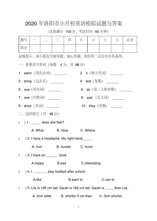 2020年洛阳市小升初英语模拟试题与答案