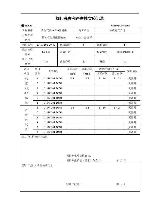 阀门强度和严密性实验记录