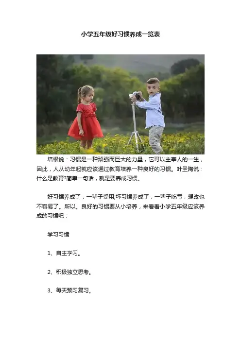 小学五年级好习惯养成一览表