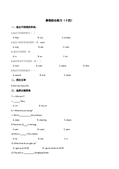 五年级下册英语试题--暑假综合练习(十四)  湘少版 含答案