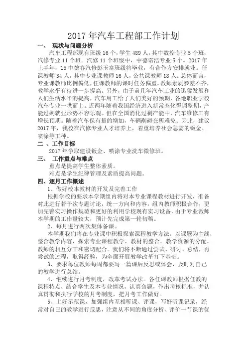 2017年汽车工程部工作计划