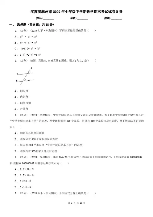江苏省泰州市2020年七年级下学期数学期末考试试卷B卷