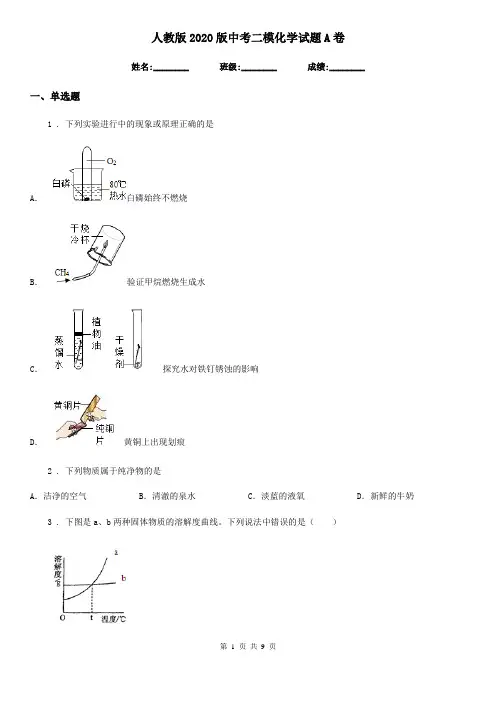 人教版2020版中考二模化学试题A卷(练习)
