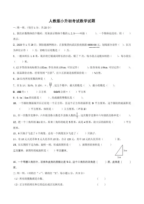 人教版数学六年级小升初考试题(含答案)