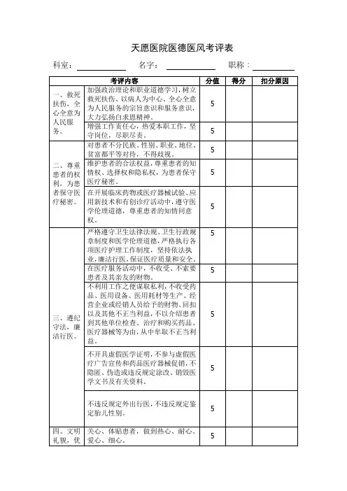 医院医德医风考评表