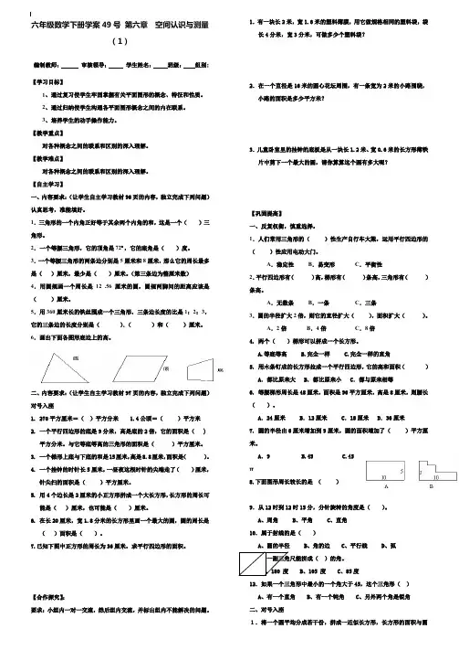 小学六年级数学教案-六年级数学下册第13周导学案第六章