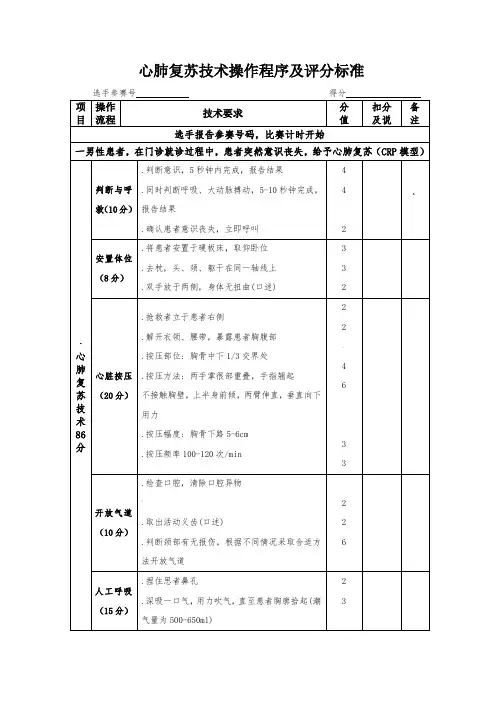版心肺复苏评分表