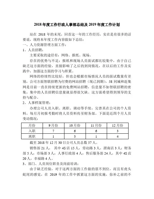 2018年度工作行政人事部总结及2019年度工作计划