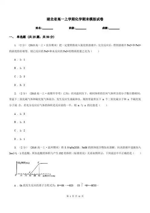 湖北省高一上学期化学期末模拟试卷