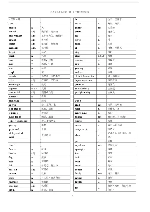 沪教牛津版七年级(初一)下册全册单词表