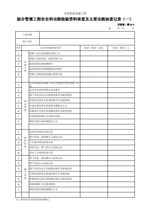 综合管廊工程安全和功能检验资料核查及主要功能抽查记录