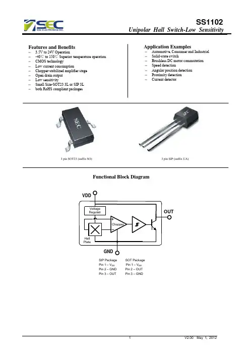 单极霍尔开关SS1102使用手册