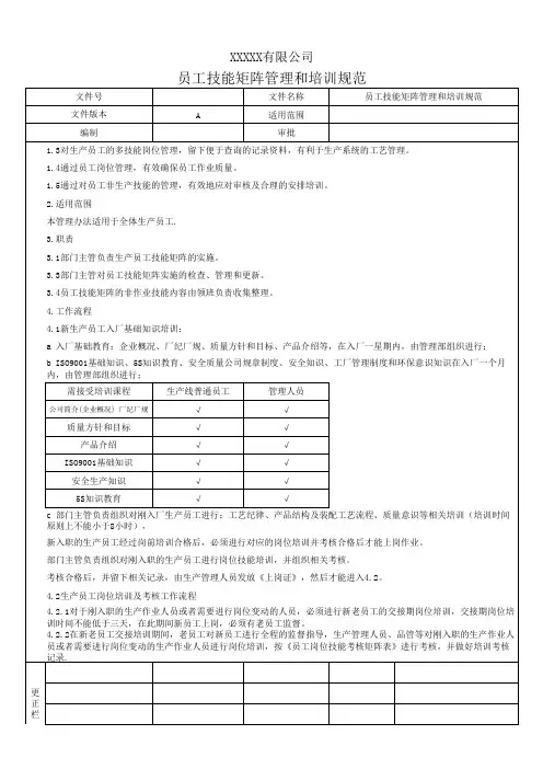 员工技能矩阵管理和培训规范 
