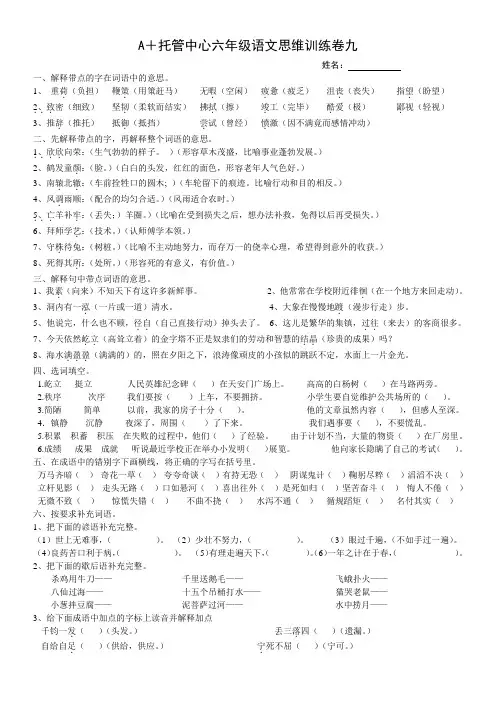 六年级语文思维能力训练9