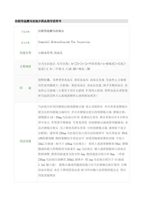 注射用盐酸乌拉地尔药品使用说明书