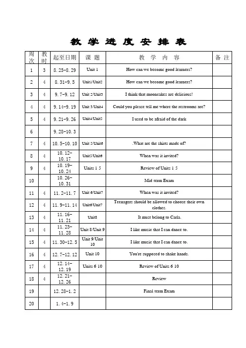2014秋新版九年级英语上册进度安排