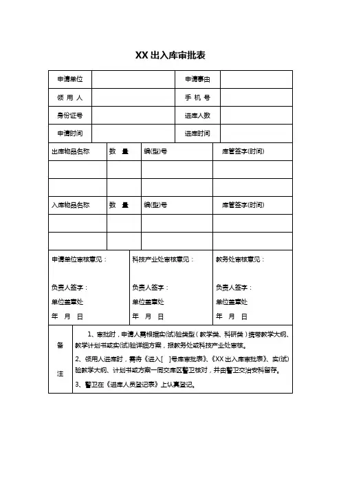 XX出入库审批表