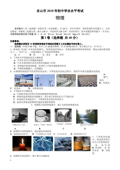 四川省乐山市2018年中考物理试题(有答案)
