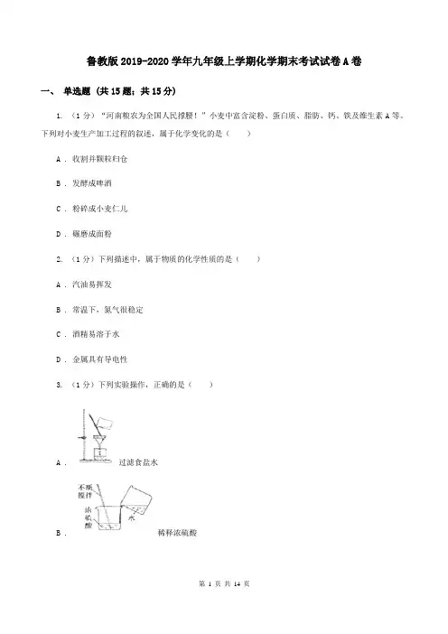 鲁教版2019-2020学年九年级上学期化学期末考试试卷A卷 