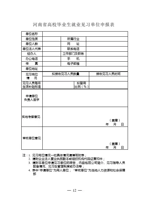 河南省高校毕业生就业见习单位申报表