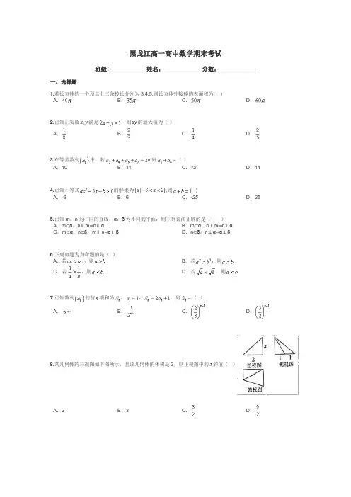 黑龙江高一高中数学期末考试带答案解析
