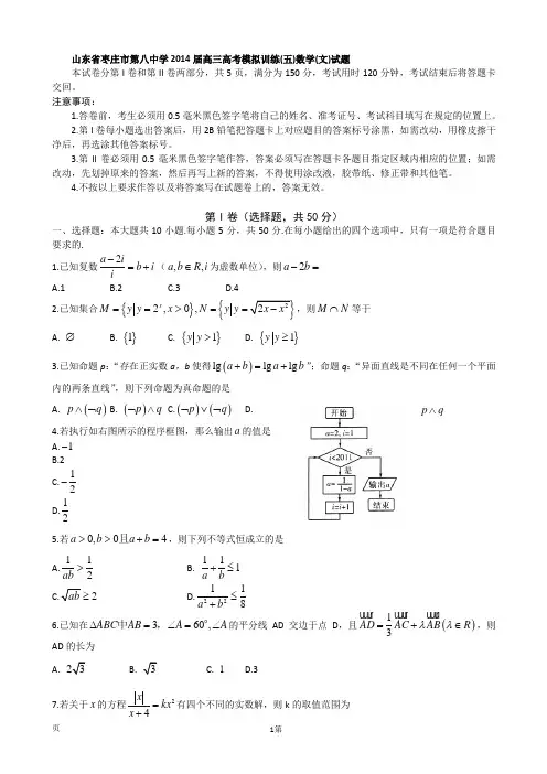 山东省枣庄市第八中学2014届高三高考模拟训练(五)数学(文)试题