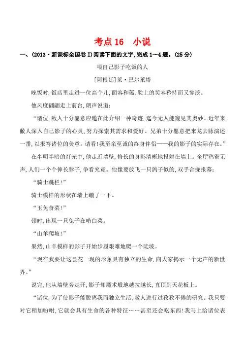 2013年高考语文真题分类汇编 考点16  小说 含解析