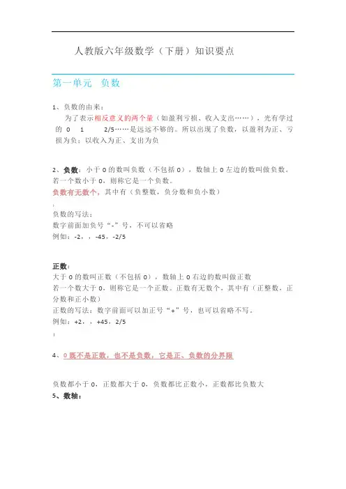 人教版数学六年级下册全册知识点归纳