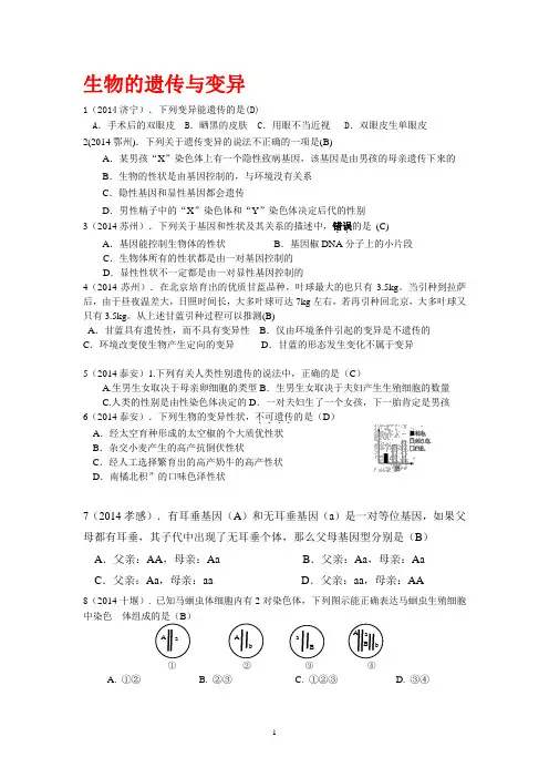 2014年中考生物真题分类汇编：生物的遗传与变异