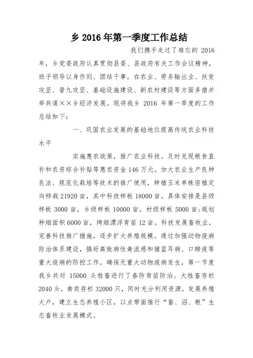 乡2016年第一季度工作总结