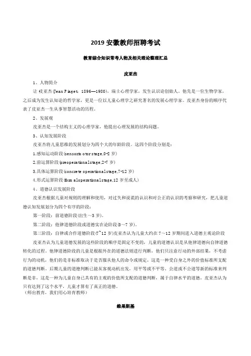 2019安徽教师招聘考试-教综常考人物及相关理论(皮亚杰)